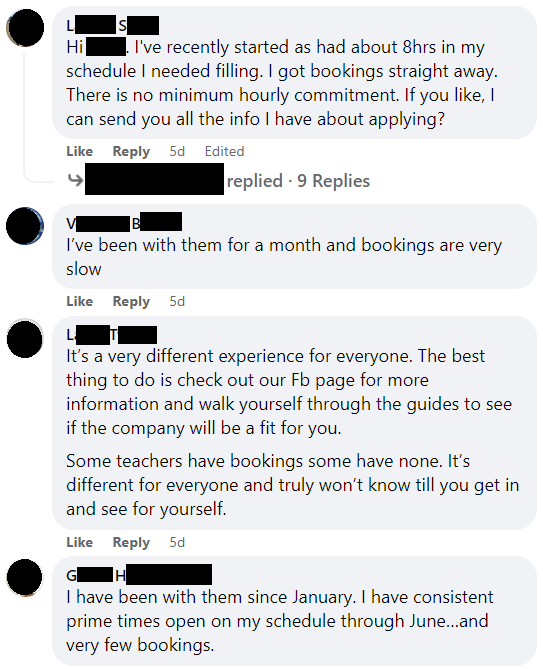 Facebook comments re LingoAce booking rates