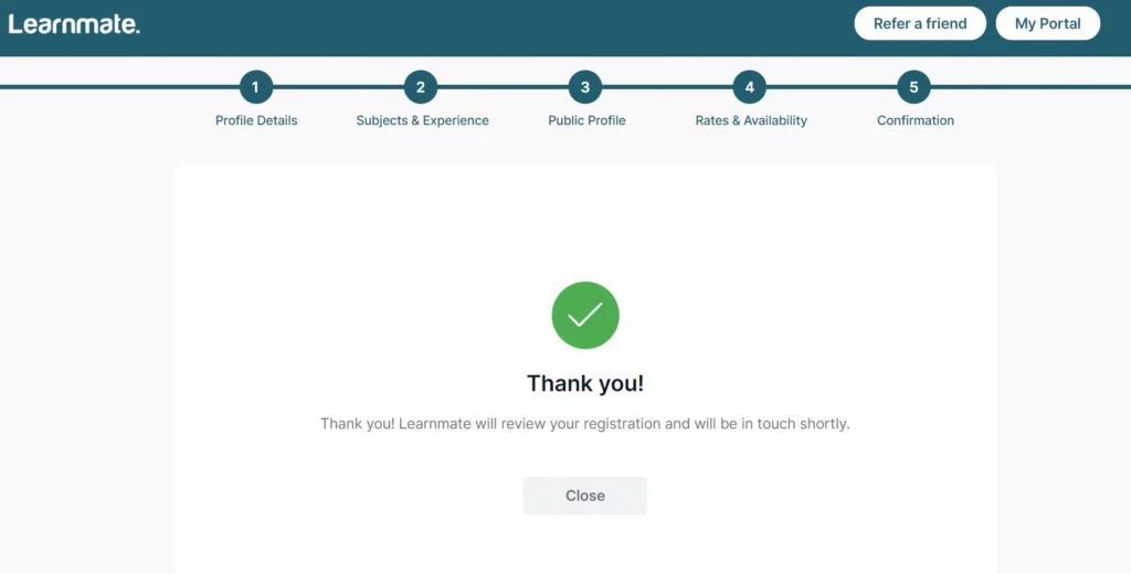 Learnmate confirmation screen