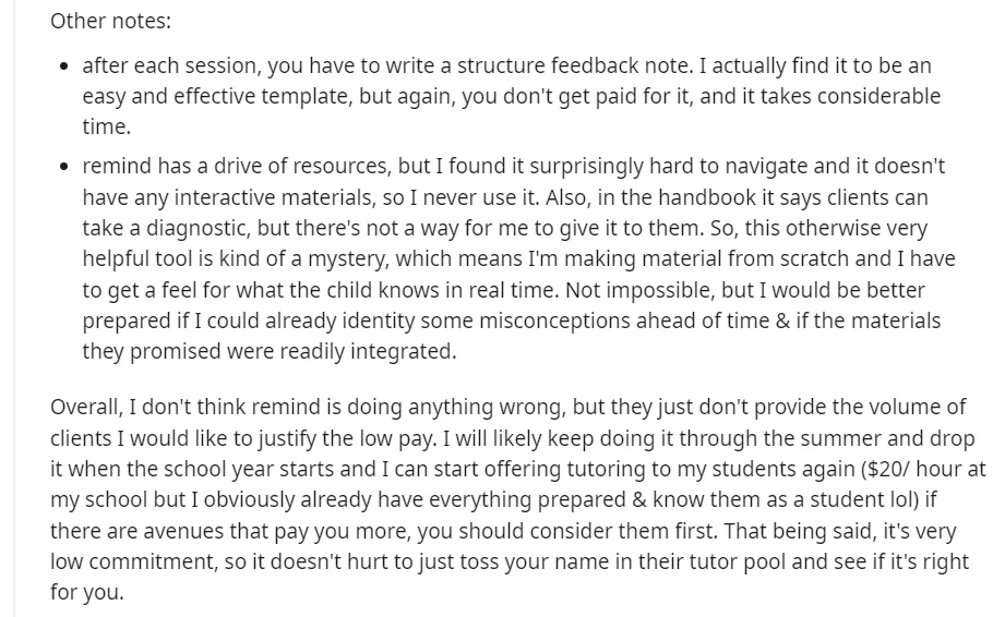 Remind Tutoring job review additional comments