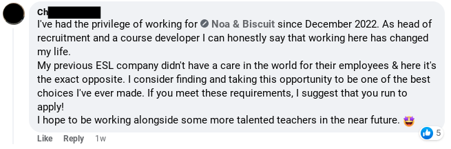 Noa and Biscuit teacher review from Facebook